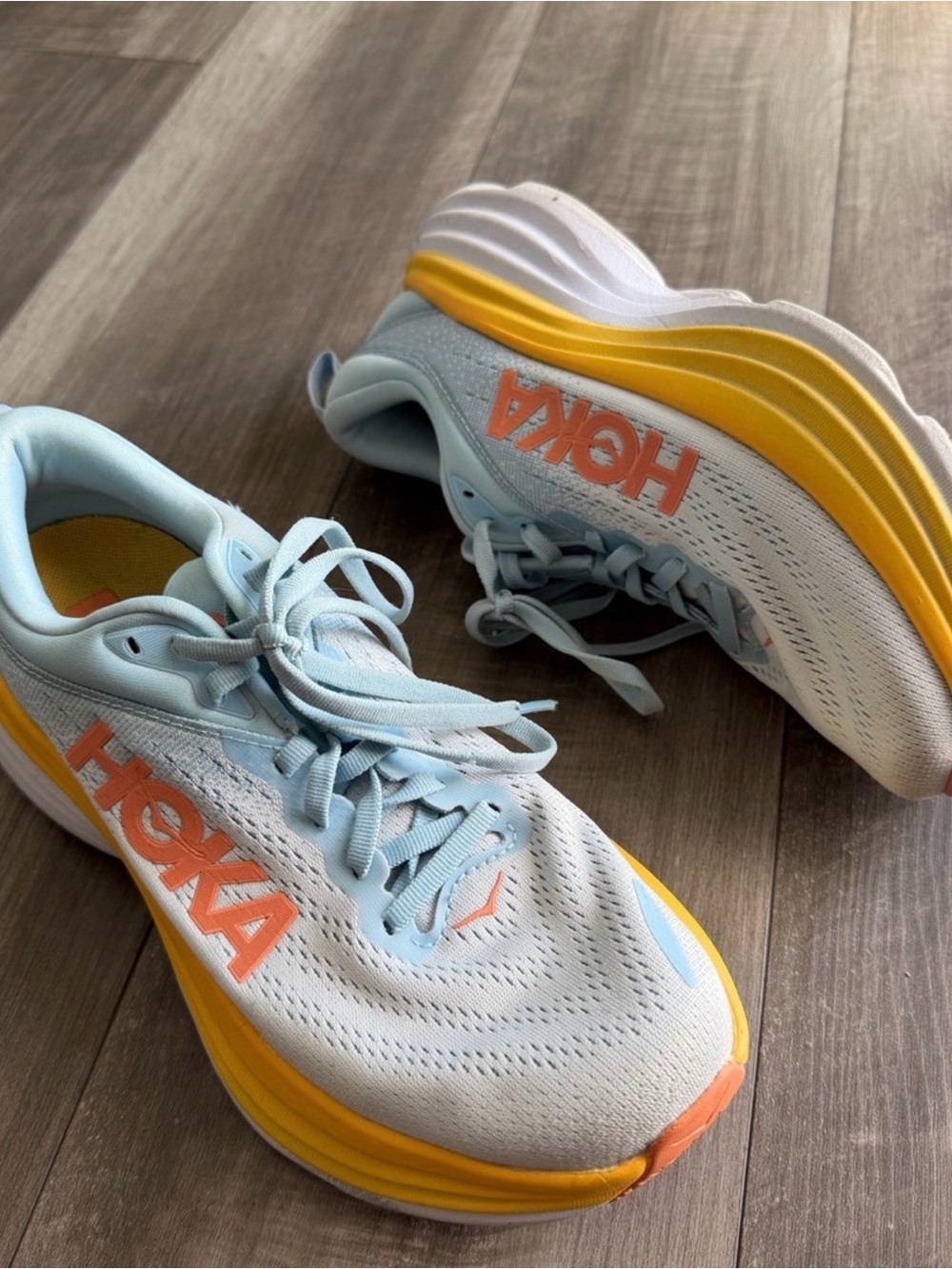 Hoka Women's Bondi Size 8 - Light Blue, Yellow & Coral Running Shoes